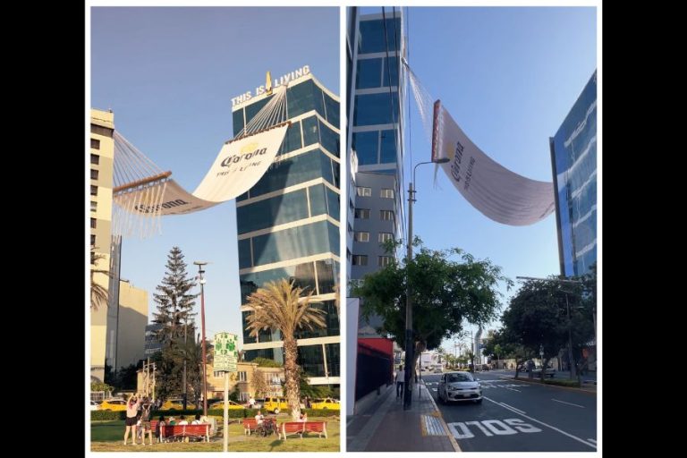 Perú: Corona innova presentando una hamaca gigante entre dos edificios de Miraflores